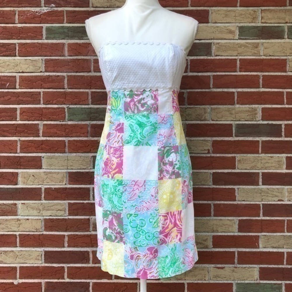 Lilly Pulitzer Franco State Patch Ric Rac White Pink Strapless Dress 👗